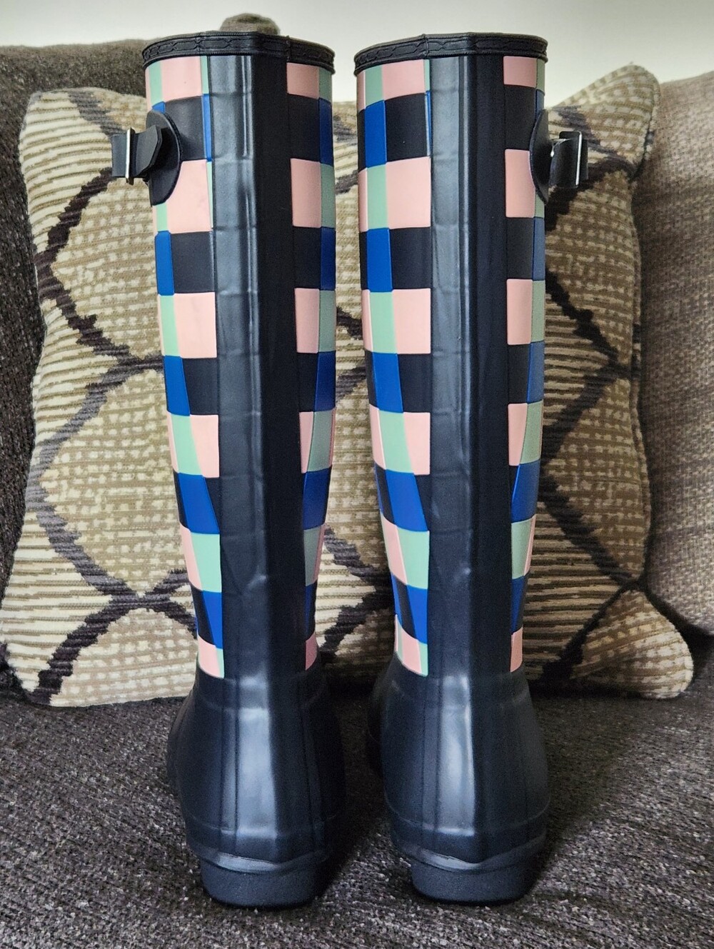 ☔️RARE Hunter☔️ - Blue/Pink Gingham Matte Finish Tall Wellington Rain Boot - Picture 4 of 12